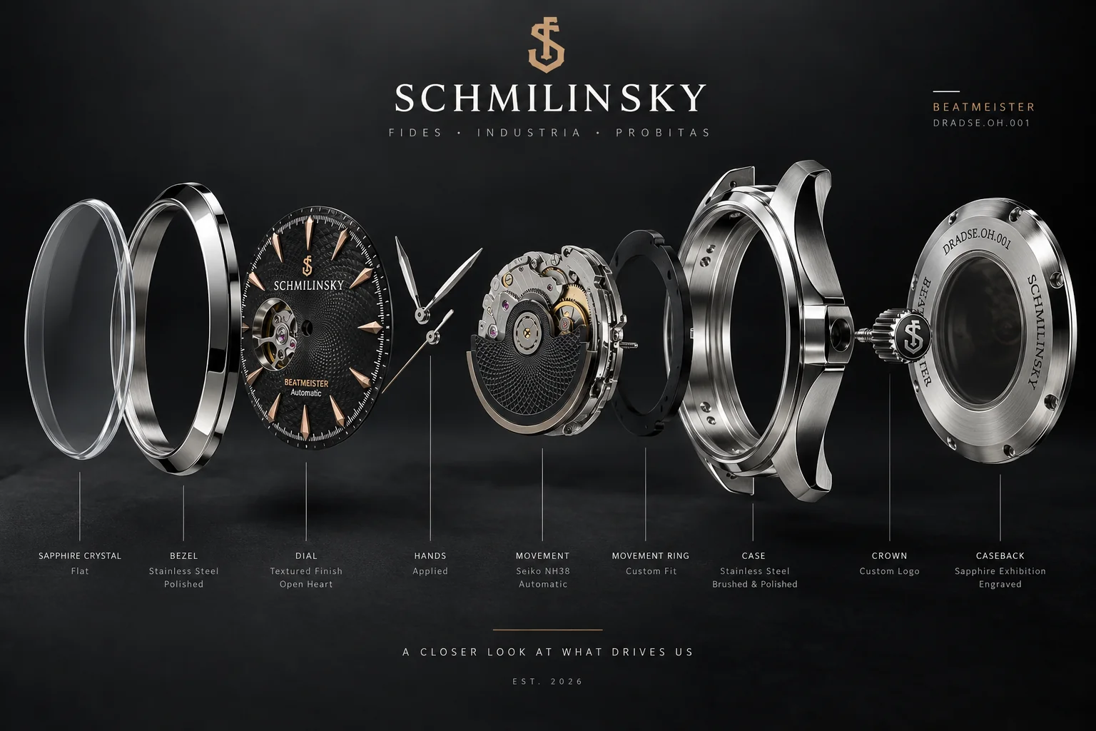 Artistic exploded rendering of a BEATMEISTER 001 watch